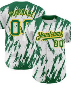 Custom White Kelly Green-Gold 3D Pattern Design Abstract Sharp Shape Authentic Baseball Jersey