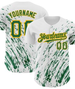 Custom White Kelly Green-Gold 3D Pattern Design Abstract Splash Authentic Baseball Jersey