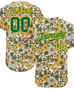 Custom White Kelly Green-Gold 3D Pattern Design Flowers Authentic Baseball Jersey