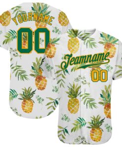Custom White Kelly Green-Gold 3D Pattern Design Pineapples Authentic Baseball Jersey