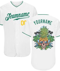 Custom White Kelly Green-Gold Authentic Skull Pineapple Head Baseball Jersey