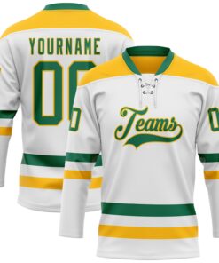 Custom White Kelly Green-Gold Hockey Lace Neck Jersey