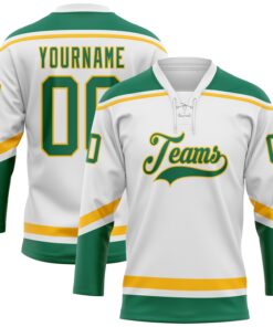 Custom White Kelly Green-Gold Hockey Lace Neck Jersey