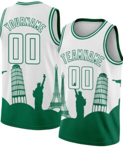 Custom White Kelly Green Holiday Travel Monuments Silhouette Authentic City Edition Basketball Jersey