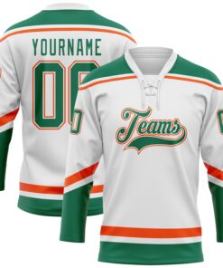 Custom White Kelly Green-Orange Hockey Lace Neck Jersey