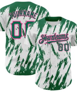 Custom White Kelly Green-Pink 3D Pattern Design Abstract Sharp Shape Authentic Baseball Jersey