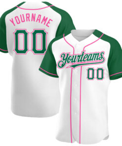 Custom White Kelly Green-Pink Authentic Raglan Sleeves Baseball Jersey