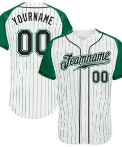 Custom White Kelly Green Pinstripe Black-Kelly Green Authentic Raglan Sleeves Baseball Jersey
