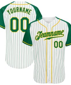 Custom White Kelly Green Pinstripe Kelly Green-Gold Authentic Raglan Sleeves Baseball Jersey