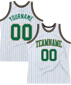 Custom White Kelly Green Pinstripe Kelly Green Old Gold-Black Authentic Basketball Jersey