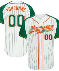 Custom White Kelly Green Pinstripe Kelly Green-Orange Authentic Raglan Sleeves Baseball Jersey