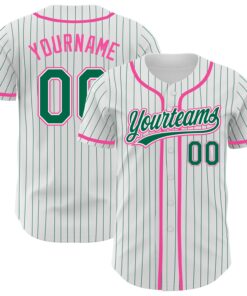 Custom White Kelly Green Pinstripe Kelly Green-Pink Authentic Baseball Jersey