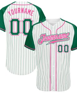 Custom White Kelly Green Pinstripe Kelly Green-Pink Authentic Raglan Sleeves Baseball Jersey
