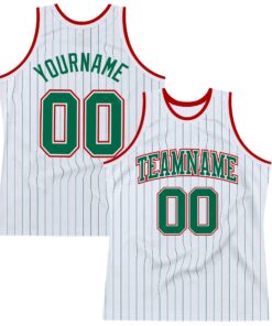 Custom White Kelly Green Pinstripe Kelly Green-Red Authentic Basketball Jersey