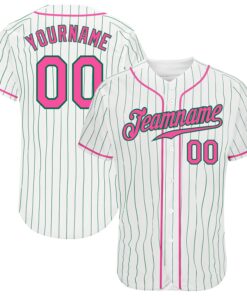 Custom White Kelly Green Pinstripe Pink-Kelly Green Authentic Baseball Jersey