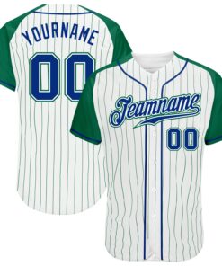 Custom White Kelly Green Pinstripe Royal-Kelly Green Authentic Raglan Sleeves Baseball Jersey