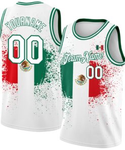 Custom White Kelly Green-Red 3D Mexican Flag Authentic Basketball Jersey