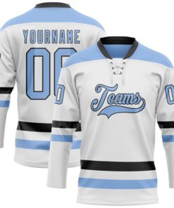 Custom White Light Blue-Black Hockey Lace Neck Jersey