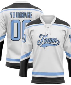 Custom White Light Blue-Black Hockey Lace Neck Jersey