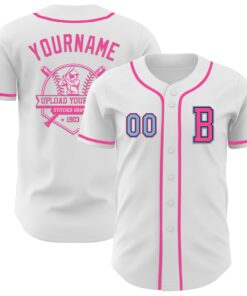 Custom White Light Blue Black-Pink Authentic Baseball Jersey