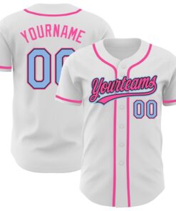 Custom White Light Blue Black-Pink Authentic Baseball Jersey