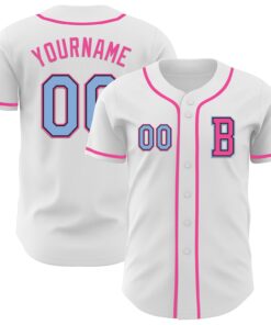 Custom White Light Blue Black-Pink Authentic Baseball Jersey