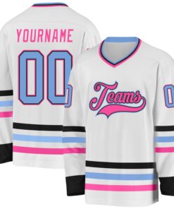 Custom White Light Blue Black-Pink Hockey Jersey