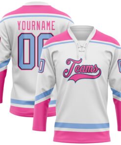 Custom White Light Blue Black-Pink Hockey Lace Neck Jersey