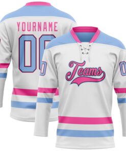 Custom White Light Blue Black-Pink Hockey Lace Neck Jersey