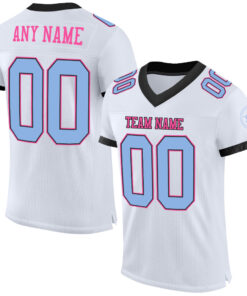 Custom White Light Blue Black-Pink Mesh Authentic Football Jersey