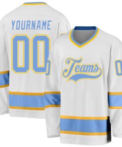 Custom White Light Blue-Gold Hockey Jersey