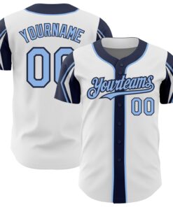 Custom White Light Blue-Navy 3 Colors Arm Shapes Authentic Baseball Jersey