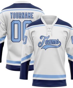 Custom White Light Blue-Navy Hockey Lace Neck Jersey