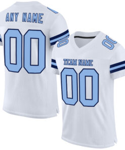 Custom White Light Blue-Navy Mesh Authentic Football Jersey