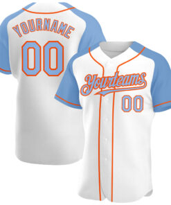 Custom White Light Blue-Orange Authentic Raglan Sleeves Baseball Jersey