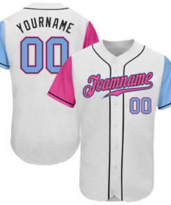 Custom White Light Blue Pink-Black Authentic Two Tone Baseball Jersey