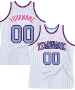 Custom White Light Blue Pinstripe Light Blue Black-Pink Authentic Basketball Jersey