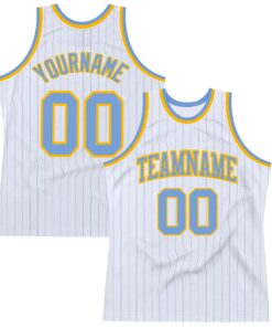 Custom White Light Blue Pinstripe Light Blue-Gold Authentic Basketball Jersey