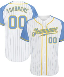Custom White Light Blue Pinstripe Light Blue-Gold Authentic Raglan Sleeves Baseball Jersey