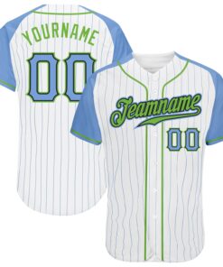 Custom White Light Blue Pinstripe Light Blue-Neon Green Authentic Raglan Sleeves Baseball Jersey