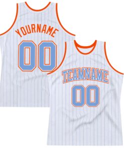 Custom White Light Blue Pinstripe Light Blue-Orange Authentic Basketball Jersey