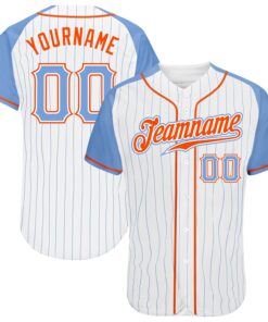 Custom White Light Blue Pinstripe Light Blue-Orange Authentic Raglan Sleeves Baseball Jersey