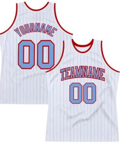 Custom White Light Blue Pinstripe Light Blue-Red Authentic Basketball Jersey