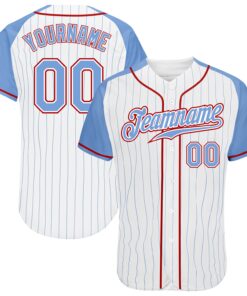 Custom White Light Blue Pinstripe Light Blue-Red Authentic Raglan Sleeves Baseball Jersey