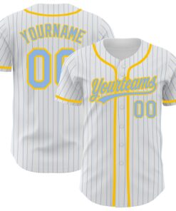 Custom White Light Blue Pinstripe Light Blue-Yellow Authentic Baseball Jersey