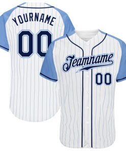 Custom White Light Blue Pinstripe Navy-Light Blue Authentic Raglan Sleeves Baseball Jersey