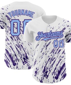 Custom White Light Blue-Purple 3D Pattern Design Abstract Splash Authentic Baseball Jersey