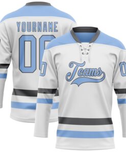 Custom White Light Blue-Steel Gray Hockey Lace Neck Jersey