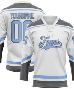 Custom White Light Blue-Steel Gray Hockey Lace Neck Jersey