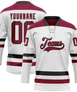 Custom White Maroon-Black Hockey Lace Neck Jersey